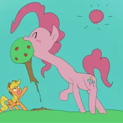 Size: 4096x4096 | Tagged: safe, artist:baigak, derpibooru import, applejack, pinkie pie, earth pony, pony, apple, apple tree, blush sticker, blushing, eating, eyes closed, female, food, giant pony, image, jpeg, macro, mare, mouth hold, tree, wat