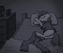 Size: 739x622 | Tagged: artist needed, source needed, safe, derpibooru import, pony, unicorn, bed, bedsheets, butt, clothes, dresser, female, human to pony, image, implied transformation, pants, pillow, plot, png, shirt, sleeping, solo, transformation