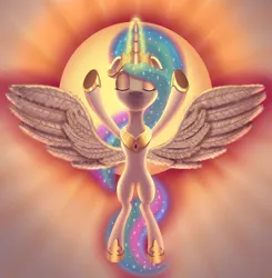 Size: 2000x2038 | Tagged: safe, artist:iimaximusii, derpibooru import, princess celestia, alicorn, pony, backlighting, eyes closed, female, glow, glowing horn, horn, image, mare, png, raising the sun, solo, spread wings, sun, wings