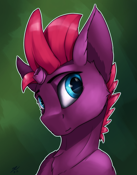 Size: 1700x2160 | Tagged: safe, artist:tenebrisnoctus, derpibooru import, fizzlepop berrytwist, tempest shadow, pony, unicorn, broken horn, bust, cute, female, green background, horn, image, mare, png, portrait, signature, simple background, smiling, solo, tempestbetes