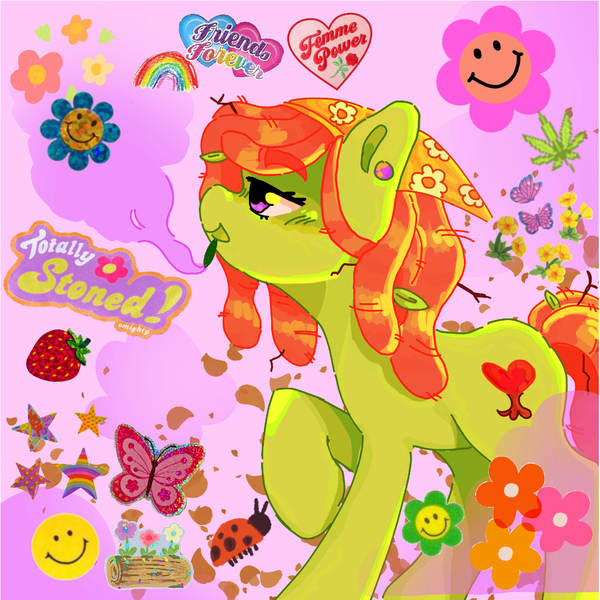 Size: 1080x1080 | Tagged: safe, artist:joykkonn, derpibooru import, tree hugger, earth pony, pony, drugs, female, image, joint, jpeg, mare, marijuana, profile, raised hoof, scrapbook aesthetic, smiley face, smoking, solo, tree stoner