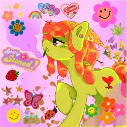 Size: 1080x1080 | Tagged: safe, artist:joykkonn, derpibooru import, tree hugger, earth pony, pony, drugs, female, image, joint, jpeg, mare, marijuana, profile, raised hoof, scrapbook aesthetic, smiley face, smoking, solo, tree stoner