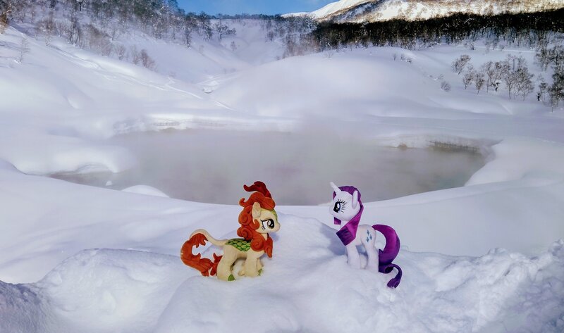 Size: 2048x1212 | Tagged: safe, derpibooru import, photographer:pakapaka1993, autumn blaze, rarity, kirin, pony, unicorn, duo, hot springs, image, irl, irl photo, japan, jpeg, photo, plushie, snow, winter