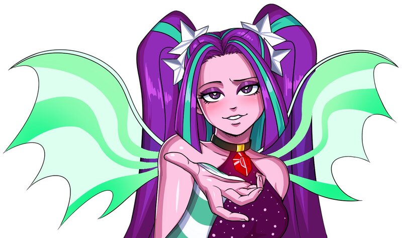 Size: 1501x888 | Tagged: safe, artist:nairdags, derpibooru import, aria blaze, siren, equestria girls, rainbow rocks, bare shoulders, blushing, commission, cute, gem, image, jpeg, looking at you, raised eyebrow, reaching out, siren gem, solo, wings