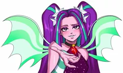 Size: 1501x888 | Tagged: safe, artist:nairdags, derpibooru import, aria blaze, siren, equestria girls, rainbow rocks, bare shoulders, blushing, commission, cute, gem, image, jpeg, looking at you, raised eyebrow, reaching out, siren gem, solo, wings