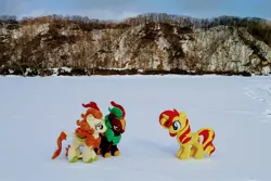 Size: 2048x1365 | Tagged: safe, derpibooru import, photographer:pakapaka1993, autumn blaze, cinder glow, summer flare, sunset shimmer, kirin, pony, unicorn, image, irl, irl photo, japan, jpeg, photo, plushie, snow, trio, winter