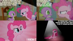 Size: 1280x720 | Tagged: safe, derpibooru import, edit, edited screencap, editor:quoterific, screencap, pinkie pie, spike, dragon, earth pony, pony, party of one, season 1, chair, female, floppy ears, grin, image, male, mare, open mouth, pinkamena diane pie, png, sad, smiling, sugarcube corner