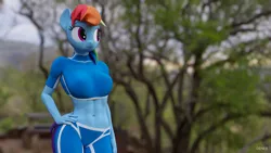 Size: 3840x2160 | Tagged: safe, artist:deneb, derpibooru import, rainbow dash, anthro, plantigrade anthro, 3d, abs, blender, breasts, clothes, compression shorts, female, fit, image, midriff, outdoors, park, png, shorts, solo, toned, training