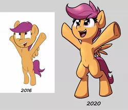 Size: 1792x1539 | Tagged: safe, artist:wenni, derpibooru import, scootaloo, pegasus, pony, 2016, 2020, art progress, bipedal, duo, female, filly, foal, gray background, happy, image, jpeg, looking up, open mouth, open smile, self paradox, self ponidox, simple background, smiling