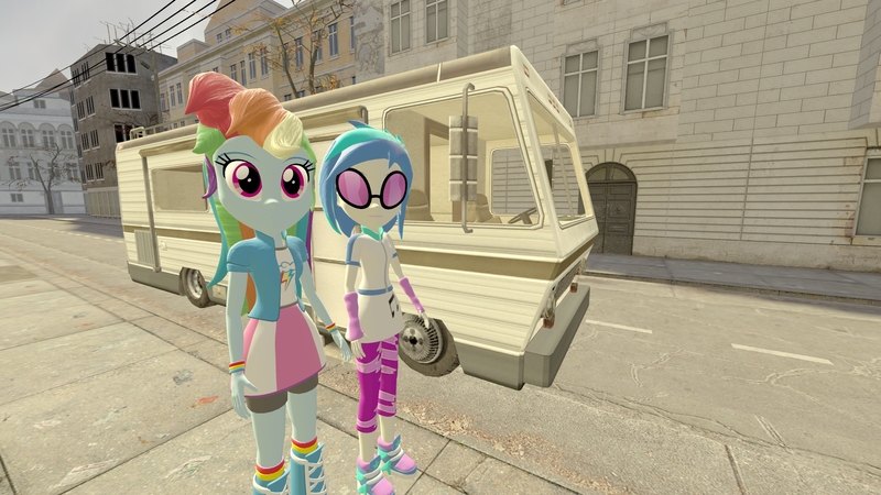 Size: 1920x1080 | Tagged: safe, artist:thatradhedgehog, derpibooru import, rainbow dash, vinyl scratch, equestria girls, 3d, dodge titan, image, jpeg, motorhome, rv, source filmmaker