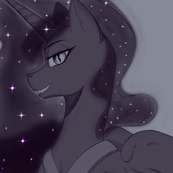 Size: 4000x4000 | Tagged: safe, alternate version, artist:aero-spine, artist:aerosho, artist:aerospine, artist:drawsaero, derpibooru import, nightmare moon, alicorn, pony, bust, female, grayscale, image, jpeg, looking at you, mare, monochrome, peytral, profile, smiling, solo