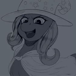 Size: 4000x4000 | Tagged: safe, artist:drawsaero, derpibooru import, trixie, pony, unicorn, bust, cape, clothes, female, grayscale, hat, image, jpeg, looking at you, mare, monochrome, open mouth, open smile, simple background, smiling, solo, trixie's cape, trixie's hat