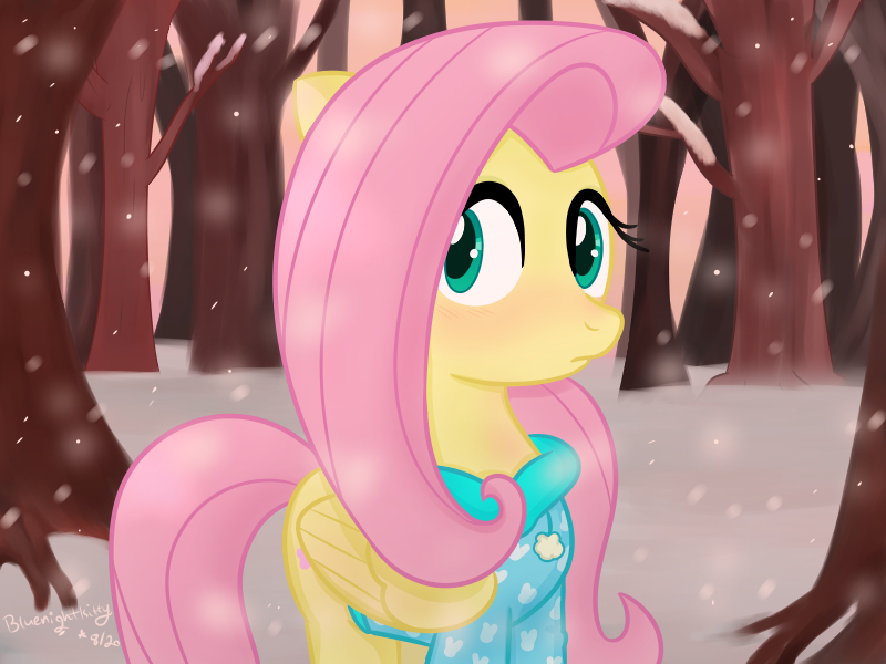 Size: 800x600 | Tagged: safe, artist:bluenightkitty, artist:queenbluestar, derpibooru import, fluttershy, pegasus, pony, blushing, clothes, cute, female, forest, hoodie, image, jpeg, looking away, mare, shyabetes, snow, snowfall, solo, tree, winter