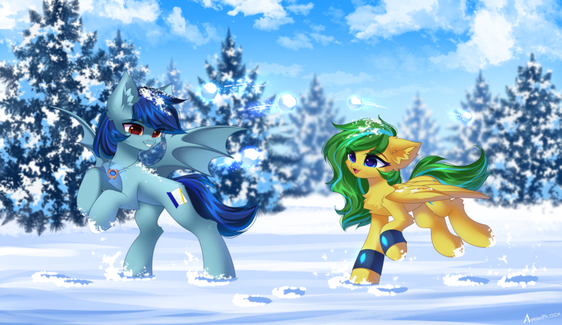 Size: 7472x4320 | Tagged: safe, artist:airiniblock, derpibooru import, oc, unofficial characters only, bat pony, pegasus, bat pony oc, bat wings, funny, image, pegasus oc, playing, png, rcf community, snow, tree, wings, winter