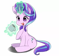 Size: 1618x1516 | Tagged: safe, artist:parappaya, derpibooru import, starlight glimmer, pony, unicorn, anime style, aura, glow, glowing horn, horn, image, jpeg, mug, sitting, solo