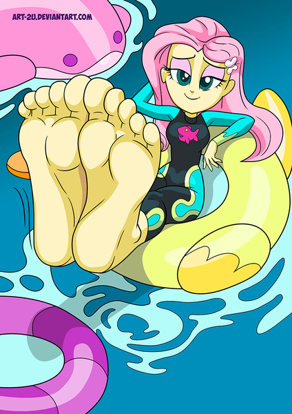 Size: 827x1169 | Tagged: safe, artist:art-2u, derpibooru import, fluttershy, human, equestria girls, equestria girls series, i'm on a yacht, spoiler:eqg series (season 2), barefoot, eyeshadow, feet, fetish, floating, foot fetish, image, jpeg, looking at you, makeup, smiling, smiling at you, soles, toes, water