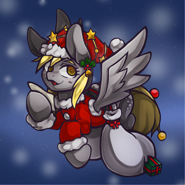 Size: 1191x1191 | Tagged: safe, artist:kyouman1010, derpibooru import, derpy hooves, pegasus, pony, bag, christmas, christmas lights, christmas outfit, christmas presents, clothes, female, flying, hat, holiday, image, jpeg, mare, paper, present, solo, stars