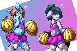Size: 1525x1004 | Tagged: suggestive, artist:kyouman1010, derpibooru import, cloudy quartz, windy whistles, earth pony, pegasus, pony, bipedal, blushing, cheerleader, cheerleader outfit, clothes, duo, emanata, female, glasses, heart, image, jpeg, looking at you, mare, one eye closed, partial background, simple background, sweat, sweatdrop, white background, wink, winking at you
