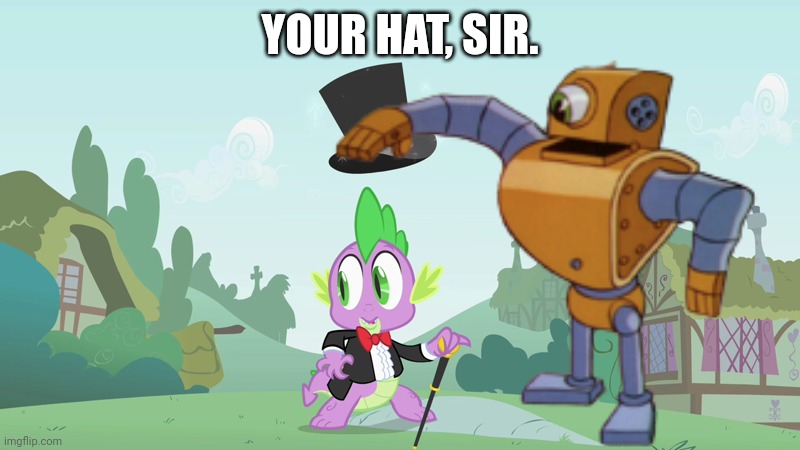 Size: 800x450 | Tagged: safe, derpibooru import, edit, edited screencap, screencap, spike, dragon, robot, feeling pinkie keen, baby, baby dragon, cane, caption, clothes, disney, donald duck, hat, image, image macro, jpeg, male, solo, surprised, text, top hat, tuxedo