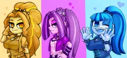 Size: 1636x744 | Tagged: safe, artist:kyouman1010, derpibooru import, adagio dazzle, aria blaze, sonata dusk, equestria girls, clothes, emanata, female, hand on hip, heart, image, jpeg, looking at you, one eye closed, simple background, smiling, smiling at you, sparkles, stars, the dazzlings, trio, wink, winking at you