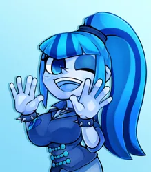 Size: 1041x1190 | Tagged: safe, artist:kyouman1010, derpibooru import, sonata dusk, equestria girls, bust, clothes, female, gradient background, image, jpeg, looking at you, one eye closed, open mouth, open smile, smiling, solo, wink, winking at you