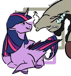 Size: 910x981 | Tagged: safe, artist:polyquestria, derpibooru import, discord, twilight sparkle, twilight sparkle (alicorn), alicorn, discolight, female, image, imminent kissing, male, png, shipping, simple background, straight, transparent background, upside down