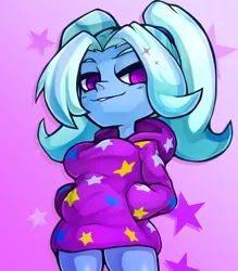 Size: 1041x1190 | Tagged: safe, artist:kyouman1010, derpibooru import, trixie, equestria girls, alternate hairstyle, babysitter trixie, bust, clothes, female, gradient background, hand in pocket, hoodie, image, jpeg, looking at you, looking down, looking down at you, solo, sparkles, starry background, stars