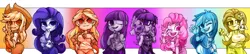 Size: 2603x558 | Tagged: safe, artist:kyouman1010, derpibooru import, applejack, fluttershy, pinkie pie, rainbow dash, rarity, sci-twi, sunset shimmer, twilight sparkle, butterfly, insect, rabbit, equestria girls, animal, clothes, female, glasses, hand on chest, hand on mouth, heart, humane eight, image, jpeg, looking at you, one eye closed, partial background, peace sign, shhh, simple background, twolight, waving, waving at you, white background, wink, winking at you