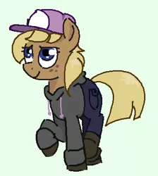 Size: 363x406 | Tagged: safe, artist:anonymous, derpibooru import, oc, oc:hay bale, unofficial characters only, earth pony, pony, clothes, female, freckles, green background, hat, hoodie, image, mare, pants, png, raised hoof, raised leg, shoes, simple background, smiling, solo