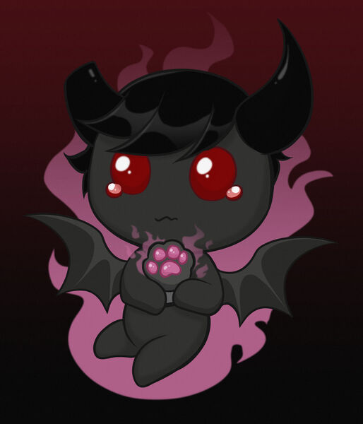 Size: 1280x1494 | Tagged: safe, artist:confetticakez, derpibooru import, ponified, demon, demon pony, original species, pony, azazel, baby eyes, bat wings, beady eyes, binding of isaac, chibi, crossover, cute, demon horns, fire, gradient background, guppy's paw, horns, image, jpeg, male, no pupils, sad, solo, spread wings, video game crossover, wavy mouth, wings