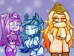 Size: 1563x1191 | Tagged: suggestive, artist:kyouman1010, derpibooru import, aria blaze, sonata dusk, equestria girls, antlers, bikini, christmas, christmas outfit, christmas stocking, clothes, female, females only, freezing, holiday, image, jpeg, panties, reindeer antlers, rudolph the red nosed reindeer, scarf, swimsuit, thong, trio, trio female, underwear, winter outfit