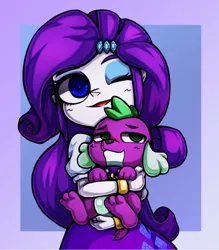 Size: 1042x1191 | Tagged: safe, artist:kyouman1010, derpibooru import, rarity, spike, dog, equestria girls, bust, clothes, duo, female, gradient background, holding a dog, image, jpeg, looking at you, male, one eye closed, partial background, smug, spike the dog, wink, winking at you