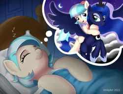 Size: 2982x2267 | Tagged: safe, artist:vinilyart, derpibooru import, coco pommel, princess luna, alicorn, pony, bed, bedroom, cloud, crescent moon, crown, dream, eyes closed, hoof shoes, image, jewelry, moon, onomatopoeia, open mouth, png, pony ride, regalia, sleeping, sound effects, zzz