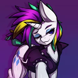 Size: 1323x1323 | Tagged: safe, artist:kyouman1010, derpibooru import, rarity, pony, unicorn, alternate hairstyle, clothes, female, gradient background, image, jpeg, looking at you, mare, one eye closed, punk, raripunk, solo, wink, winking at you