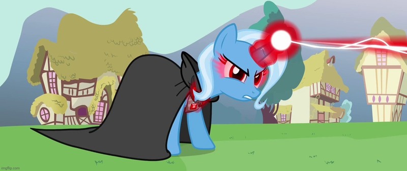 Size: 1280x537 | Tagged: safe, derpibooru import, screencap, trixie, pony, unicorn, magic duel, alicorn amulet, beam, cape, clothes, evil trixie, female, image, jpeg, mare, solo