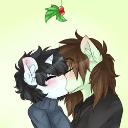 Size: 1600x1600 | Tagged: safe, artist:tokyone-chan, derpibooru import, oc, unofficial characters only, anthro, earth pony, unicorn, blushing, duo, earth pony oc, eyes closed, gay, gradient background, holly, holly mistaken for mistletoe, horn, image, kissing, male, oc x oc, png, shipping, unicorn oc