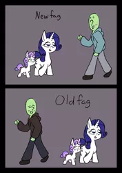 Size: 1000x1414 | Tagged: safe, artist:happy harvey, derpibooru import, oc, oc:anon, human, pony, unicorn, 2 panel comic, blushing, clothes, colored pupils, comic, drawn on phone, drawthread, faggot, female, filly, foal, hoodie, image, implied foalcon, implied straight, mare, offensive, pants, png, shoes, smiling, underage, vulgar