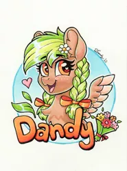 Size: 1626x2192 | Tagged: safe, artist:dandy, derpibooru import, oc, oc:sylvia evergreen, pegasus, pony, :3, badge, bouquet, braided pigtails, bust, chest fluff, ear fluff, female, flower, flower in hair, freckles, hair tie, heart, heart eyes, image, looking at you, open mouth, pegasus oc, png, portrait, solo, text, traditional art, wingding eyes, wings
