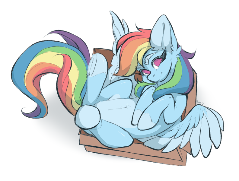 Size: 3040x2304 | Tagged: safe, artist:rico_chan, derpibooru import, rainbow dash, pegasus, pony, box, female, frog (hoof), g4, image, png, pony in a box, sketch, solo, underhoof