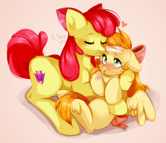 Size: 1920x1653 | Tagged: safe, artist:pledus, derpibooru import, apple bloom, oc, oc:deliambre, earth pony, pegasus, pony, backwards thermometer, blushing, duo, female, filly, foal, heart, image, mother and child, mother and daughter, offspring, older, older apple bloom, parent:apple bloom, pmother and daughter, png, sick, thermometer