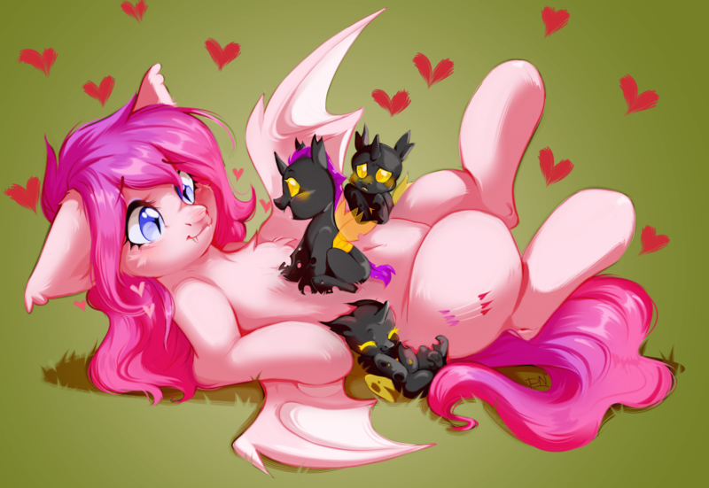 Size: 1920x1323 | Tagged: safe, artist:pledus, derpibooru import, oc, oc:candy bat, unofficial characters only, bat pony, changeling, nymph, pony, bat pony oc, bat wings, changeling oc, commission, cute, female, heart, image, lying down, on back, palindrome get, png, wings, ych result, yellow changeling