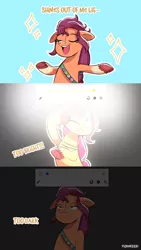 Size: 1151x2048 | Tagged: safe, artist:puyohh, artist:puyonifyyyc, derpibooru import, sunny starscout, earth pony, pony, bag, breaking the fourth wall, bright, comic, dark, eyes closed, g5, image, jpeg, markings, sunny is not amused, unamused, unshorn fetlocks