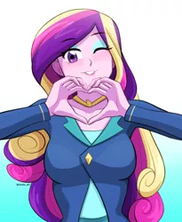 Size: 982x1200 | Tagged: safe, artist:riouku, derpibooru import, princess cadance, equestria girls, breasts, busty princess cadance, clothes, cute, cutedance, dean cadance, eyeshadow, female, heart, image, makeup, one eye closed, png, shirt, solo, suit, wink