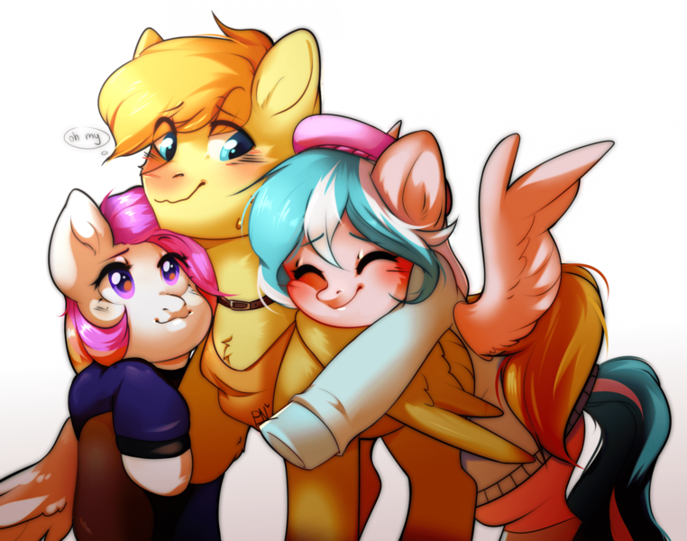 Size: 1920x1511 | Tagged: safe, artist:pledus, derpibooru import, oc, oc:aurryhollows, oc:foxyhollows, oc:foxypone, unofficial characters only, pegasus, pony, blushing, chest fluff, commission, female, happy, heart, image, male, oc x oc, png, polyamory, shipping, simple background, smiling, trio, white background, ych result