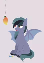 Size: 2727x3885 | Tagged: safe, artist:samsailz, derpibooru import, oc, unofficial characters only, bat pony, pony, :o, bait, bat pony oc, bat wings, ear fluff, food, full body, gray background, heterochromia, high res, hooves, image, lineless, looking at something, mango, open mouth, png, reaction image, signature, simple background, sitting, solo, spread wings, string, tail, this is bait, unshorn fetlocks, wings