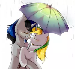 Size: 1920x1758 | Tagged: safe, artist:pledus, derpibooru import, oc, unofficial characters only, pony, unicorn, commission, duo, eyes closed, female, horn, image, male, oc x oc, png, rain, shipping, umbrella, unicorn oc, ych result