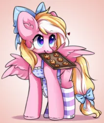 Size: 1920x2261 | Tagged: safe, artist:pledus, derpibooru import, oc, oc:bay breeze, unofficial characters only, pegasus, pony, apron, blushing, bow, clothes, cookie, cute, female, food, hair bow, image, looking up, mare, mouth hold, ocbetes, png, simple background, socks, solo, striped socks, tail, tail bow
