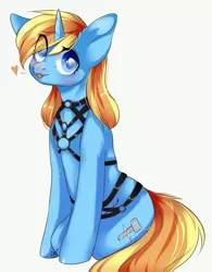 Size: 1920x2457 | Tagged: suggestive, artist:pledus, derpibooru import, oc, oc:skydreams, unofficial characters only, pony, unicorn, :p, blushing, bondage, commission, female, happy bondage, harness, heart, image, looking at you, mare, png, seductive, simple background, sitting, solo, solo female, tack, tongue out, white background, ych result