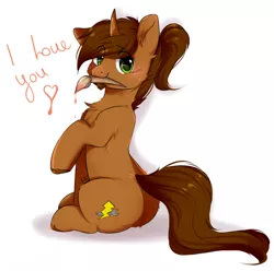 Size: 1920x1901 | Tagged: safe, artist:pledus, derpibooru import, oc, oc:coppercore, unofficial characters only, pony, unicorn, blushing, butt, chest fluff, commission, eye clipping through hair, hooves, horn, i love you, image, looking back, male, mouth hold, paintbrush, plot, png, raised hoof, simple background, sitting, solo, tail, unicorn oc, white background, ych result
