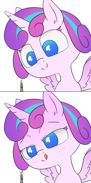 Size: 1000x2000 | Tagged: suggestive, artist:happy harvey, derpibooru import, princess flurry heart, oc, oc:anon, alicorn, human, pony, 2 panel comic, age difference, bedroom eyes, blushing, colored pupils, colored wings, comic, drawn on phone, ear fluff, exclamation point, female, filly, foal, image, larger female, licking, licking lips, macro, male, micro, png, size difference, smaller male, spread wings, this will not end well, tongue out, two toned wings, wingboner, wings